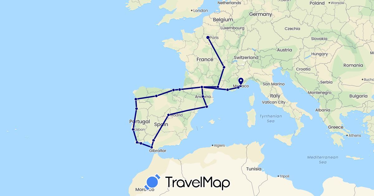 TravelMap itinerary: driving in Andorra, Spain, France, Monaco, Portugal (Europe)